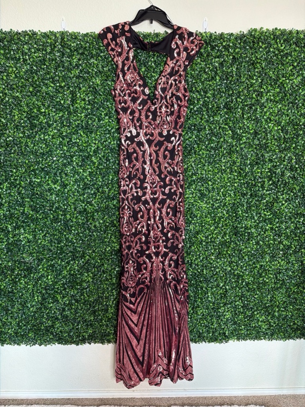 Rose Gold Sequin Evening Gown - Elegant Cap Sleeve Dress